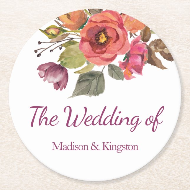 Posavasos Redondo De Papel Caída rosa Boda floral elegante (Anverso)