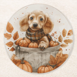 Posavasos Redondo De Papel Calabaza de perros Dachshund en otoño