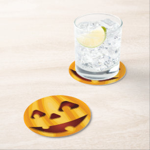 Posavasos Redondo De Papel Calabaza tallada sonriendo diseño de Halloween