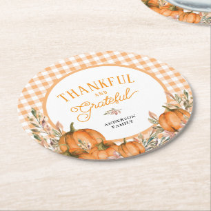 Posavasos Redondo De Papel Calabazas Agradecidas Gingham Día de Acción de Gra