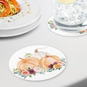Posavasos Redondo De Papel Calabazas de caída de acuarela y flores de boho