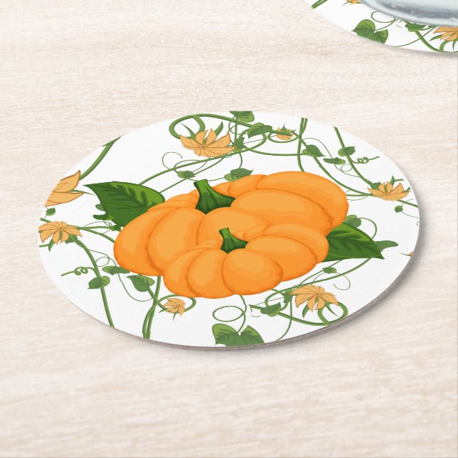 Posavasos Redondo De Papel Calabazas y vides Día de Acción de Gracias de Hall (En perspectiva)