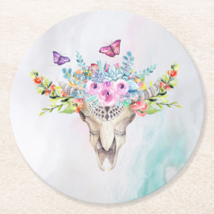 Posavasos Redondo De Papel Calavera animal Boho con mariposas y flores