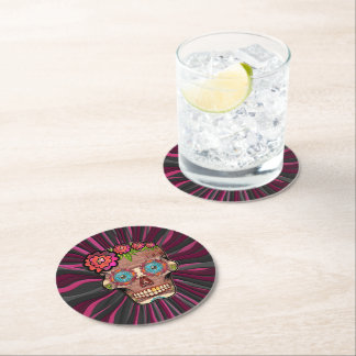 Posavasos Redondo De Papel Calavera de azúcar con corona floral de aspecto de