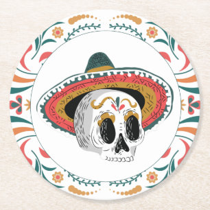 Posavasos Redondo De Papel Calavera de azúcar con Sombrero
