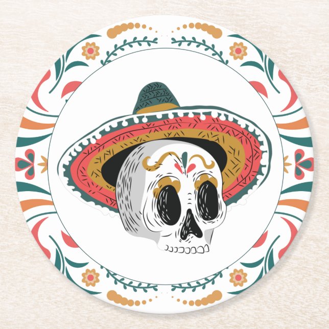 Posavasos Redondo De Papel Calavera de azúcar con Sombrero (Anverso)