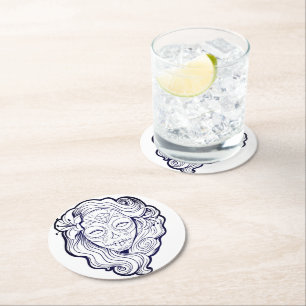 Posavasos Redondo De Papel Calavera de azúcar en blanco y negro