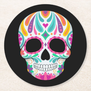Posavasos Redondo De Papel Calavera de azúcar florida