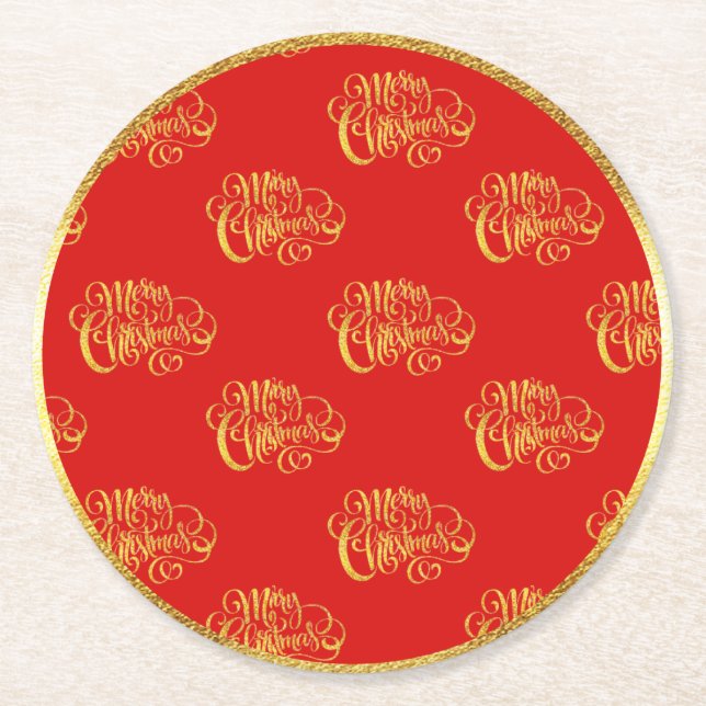 Posavasos Redondo De Papel Calligrafía de oro Merry Christmas Paper Coaster (Anverso)
