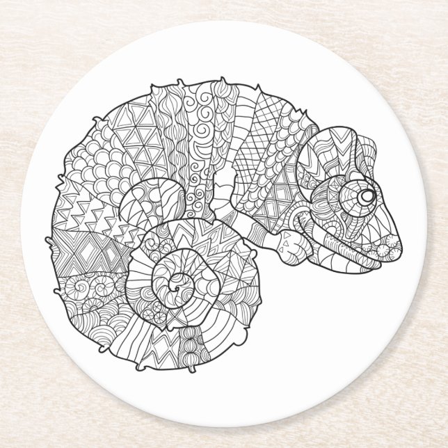 Posavasos Redondo De Papel Camaleón Zendoodle (Anverso)
