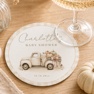 Posavasos Redondo De Papel Camioneta de Calabaza Rustica a Cuadros Baby Showe