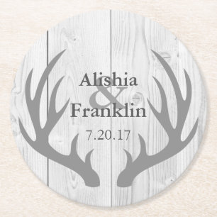 Posavasos Redondo De Papel Campesina Gris Antlers Novia y Groom Boda Fecha