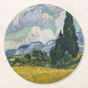 Posavasos Redondo De Papel Campo de trigo con cipreses, pintura al óleo, Van