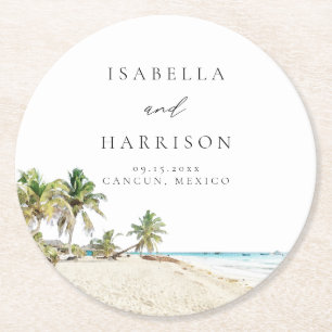 Posavasos Redondo De Papel CANCUN Playa Acuarela Destino Palmeras