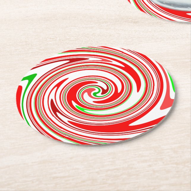 Posavasos Redondo De Papel Candy Cane Stripes Navidades Verde Rojo (En perspectiva)