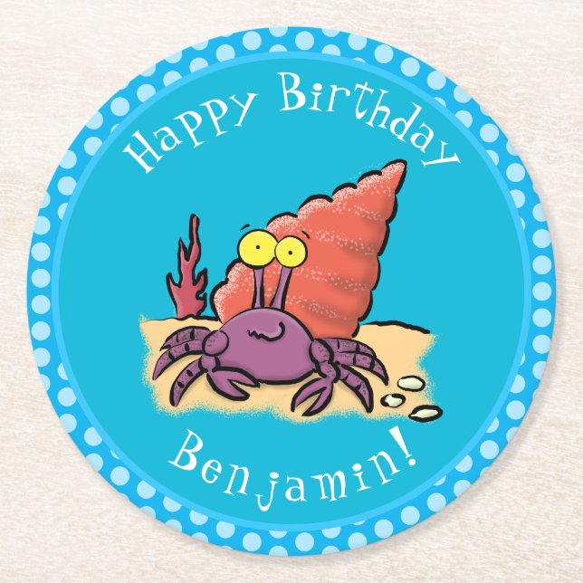 Posavasos Redondo De Papel Cangrejo ermitaño gracioso personalizado morado (Anverso)