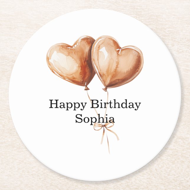 Posavasos Redondo De Papel Caramel Heart Balloons Birthday (Anverso)