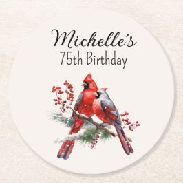 Posavasos Redondo De Papel Cardenales Rojos 75º cumpleaños