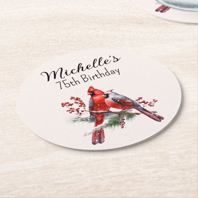 Posavasos Redondo De Papel Cardenales rojos cumpleaños 75  (En perspectiva)