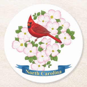 Posavasos Redondo De Papel Carolina del Norte Cardenal Estatal y Flor de Dogw