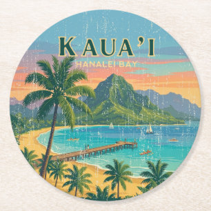 Posavasos Redondo De Papel Carteles de viaje hawaianos antiguos - Kauai