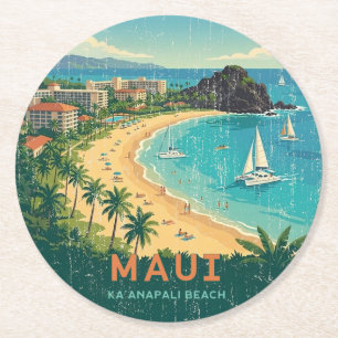 Posavasos Redondo De Papel Carteles de viaje hawaianos antiguos - Maui
