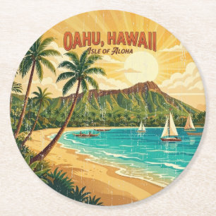 Posavasos Redondo De Papel Carteles de viaje hawaianos antiguos - Oahu