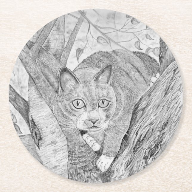 Posavasos Redondo De Papel Cat in Tree (Anverso)