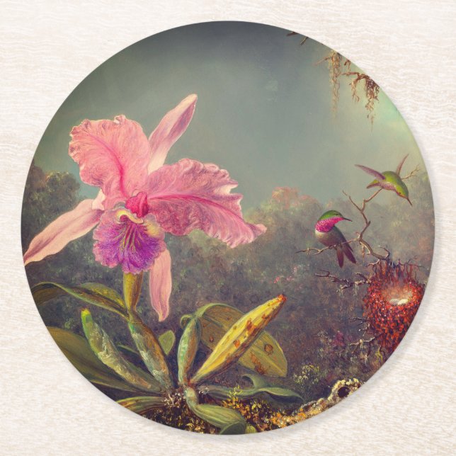 Posavasos Redondo De Papel Cattleya Orchid y tres Hummingbirds Heade (Anverso)
