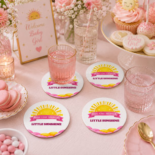 Posavasos Redondo De Papel Celebración de Bebé Niña Dorada y Rosa Adorable