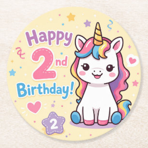 Posavasos Redondo De Papel Celebración del 2º cumpleaños del Unicornio Arcoír