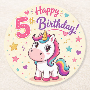 Posavasos Redondo De Papel Celebración del 5º cumpleaños del Unicornio Mágico