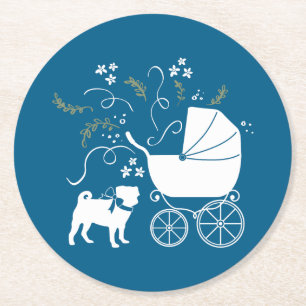 Posavasos Redondo De Papel Celebración del tema azul Pug Fiesta