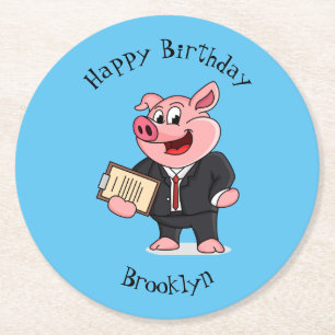 Posavasos Redondo De Papel Cerdo gracioso personalizado de traje de negocios