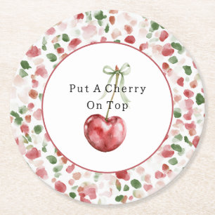 Posavasos Redondo De Papel Cereza Roja Manzana Verde Pétalos