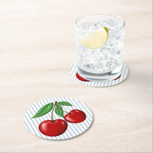 Posavasos Redondo De Papel Cerezas Rojas sobre Rayas Azules Estilo Retro