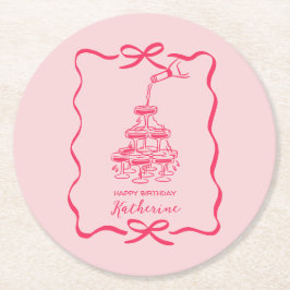 Posavasos Redondo De Papel Champagne Tower Pink Hand Drawn Doodles Birthday