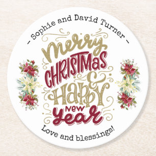 Posavasos Redondo De Papel Charm Merry Christmas Happy New Year Typography