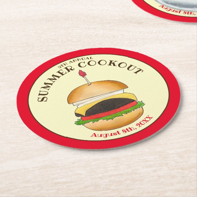 Posavasos Redondo De Papel Cheeseburger Hamburger Burger Picnic Barbacoa BBQ (En perspectiva)