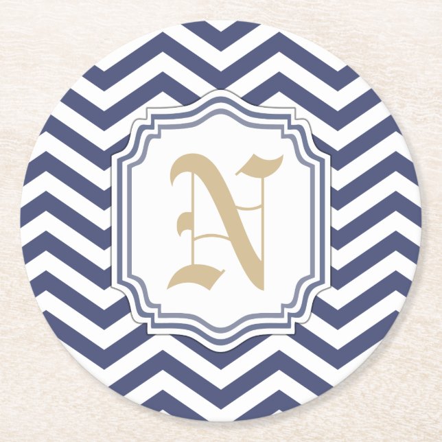 Posavasos Redondo De Papel Chevron de la Armada Náutica Monogramado (Anverso)