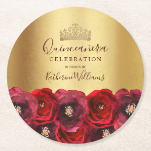Posavasos Redondo De Papel Chic Rosa Roja Floral Corona Dorada Quinceañera