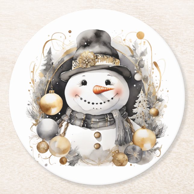 Posavasos Redondo De Papel Chic Snowman: Black and Gold Holiday Charm (Anverso)