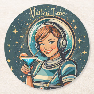 Posavasos Redondo De Papel Chica Astro Futurista Retro Tiempo de Martini