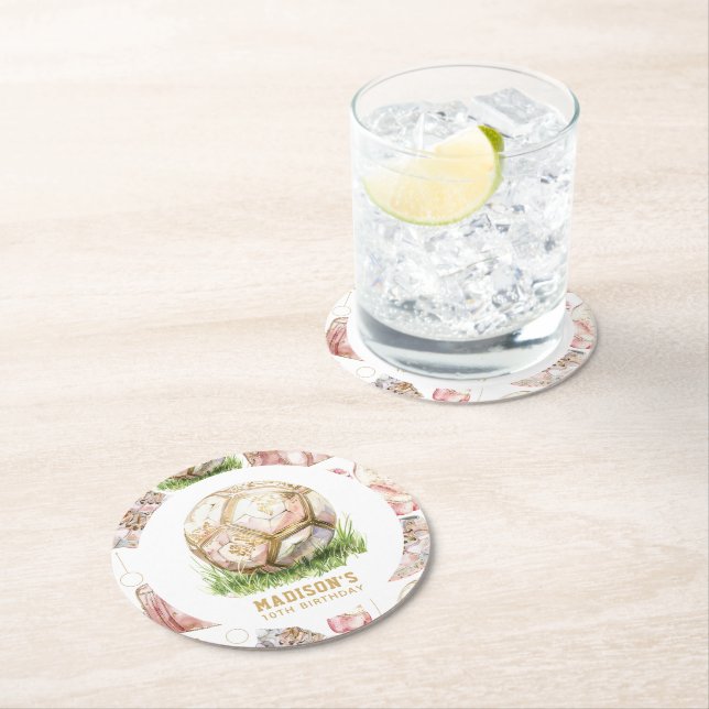 Posavasos Redondo De Papel Chica de fútbol Cumpleaños Rosegold personalizado (In situ)