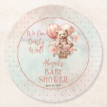 Posavasos Redondo De Papel Chica de globos de oseo Teddy Bear espera a Baby S<br><div class="desc">Diseño de Baby Shower lindo con un oso de peluche con corbata rosada en una canasta atada a un montón de globos verde azulados rosas y claros adornados con flores rosas. Las palabras "¡Podemos esperar temprano!" flotan en las nubes. Un fondo acuático verde azulado rosa y claro subió con un...</div>