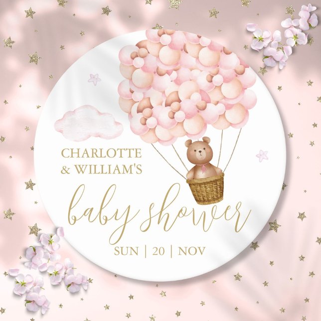 Posavasos Redondo De Papel Chica de globos rosados Teddy Bear Baby Shower (Teddy Bear Pink Balloons Girl Baby Shower Round Paper Coaster)