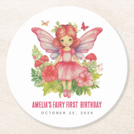 Posavasos Redondo De Papel Chica Fairy First Birday Cute Pink