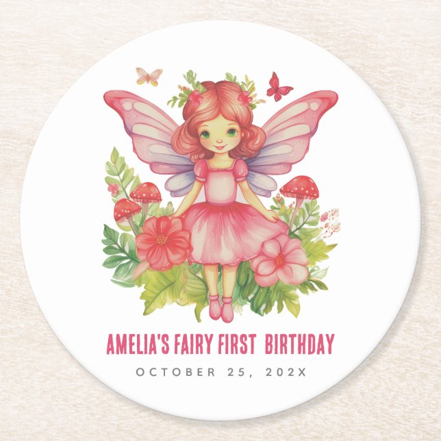 Posavasos Redondo De Papel Chica Fairy First Birday Cute Pink (Anverso)