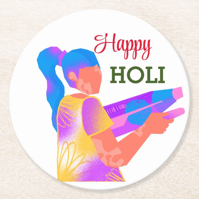 Posavasos Redondo De Papel Chica jugando a Colorful Holi (Anverso)