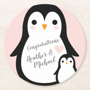 Posavasos Redondo De Papel Chica rosa de Cute Penguin Baby Shower